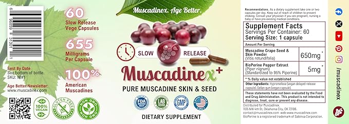 Muscadine Grapeseed Supplement - Superfood Supplement - High ORAC Antioxidant &amp Polyphenols with Resveratrol Quercetin &amp Ellagic Acid - Grape Skin &amp Seed for Health &amp Longevity - 60 S