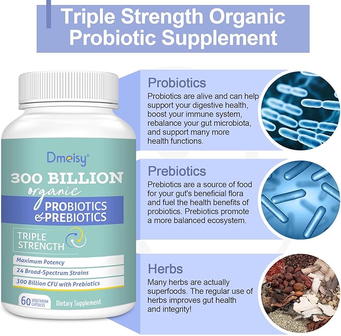 Probiotics for Women and Men 300 Billion CFU 24 Strains Probiotics + 15 Organic Herbs Prebiotics Blend Shelf Stable Gut Health Supplement for Digestive Immune &amp Whole-Body Health 6 Month Supply