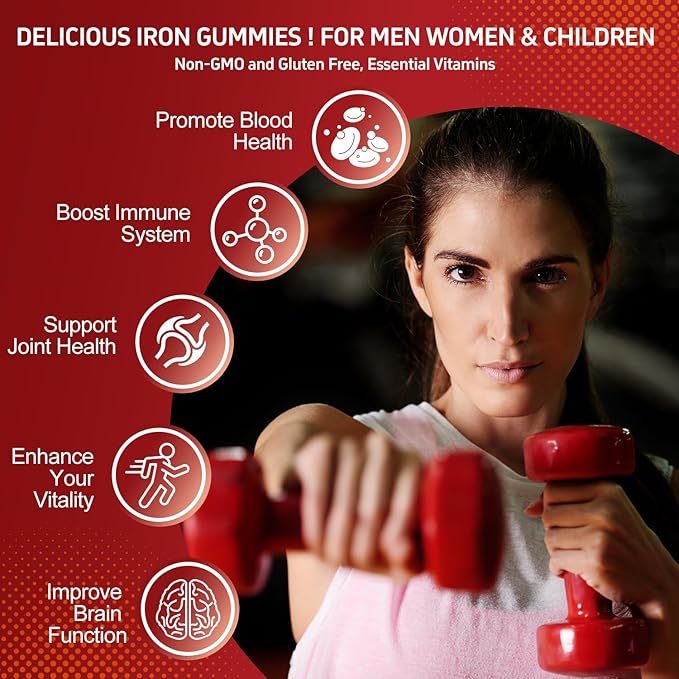 Iron Supplement Gummies for Women Men &amp Kids 65mg Iron &amp 250mg Vitamin C per Serving - Healthy Blood Energy &amp Immune Support Iron Vitamin Gummy with Folate 2 Pack