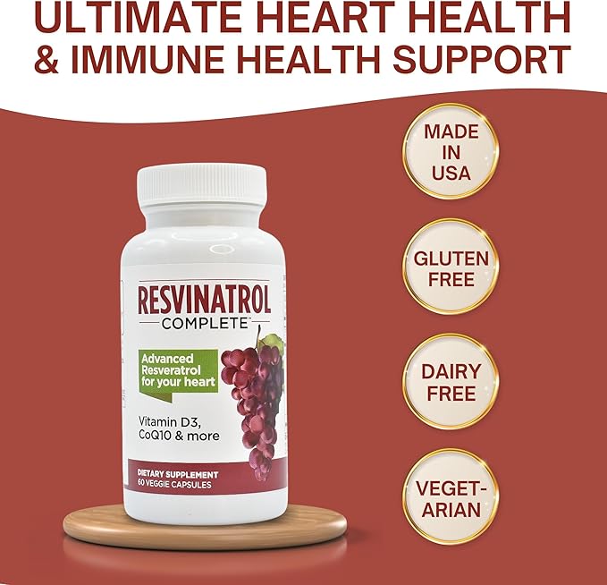 Capsules 60 Count- Resveratrol Supplement Supports Healthy Aging Heart Health and Immune Function with Quercetin Grape Seed Extract Vitamin D3 and CoQ10