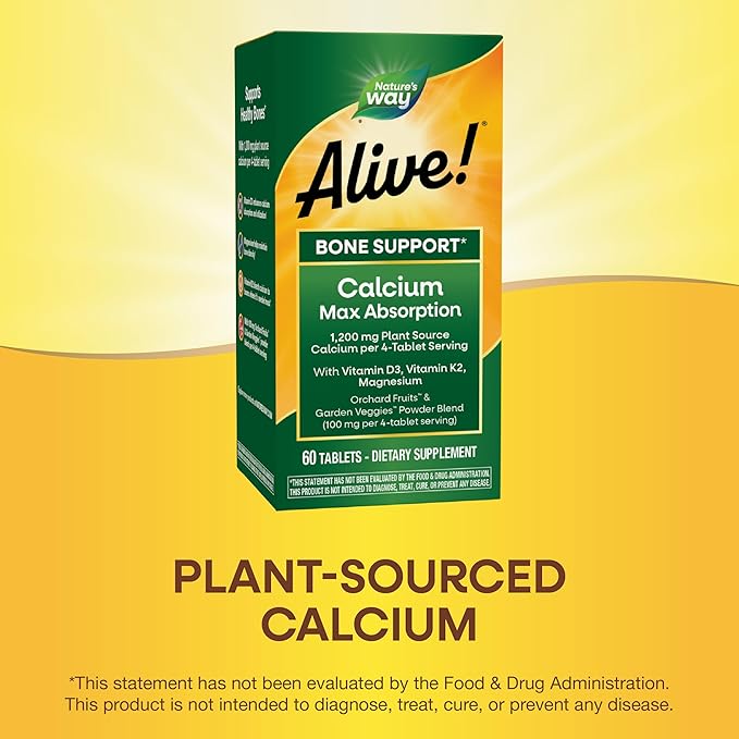 Nature’s Way Alive! Calcium Bone Support Tablets* Max Absorption Calcium Supplement with Vitamins D3 K2 &amp Magnesium Promotes Bone Health and Bone Density* Gluten Free 60 Tablets