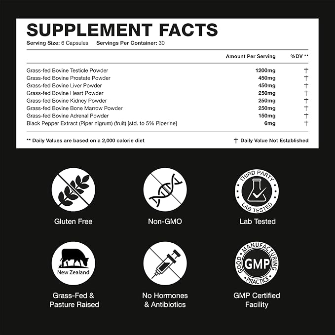 Beef Organ Supplement for Men | 100% Grass Fed Beef Liver Capsules with Bull Testicle Prostate Bone Marrow &amp More X: Ancestral Superfoods for Vital Energy Immunity &amp Men’s Health 180 ct