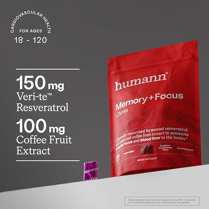 Humann Memory and Focus Chews Brain Supplement for Mental Alertness with Beet Root Powder Clinically Studied Nootropics Resveratrol Plus Beet Root Powder Blueberry Pomegranate Flavor 30 Count