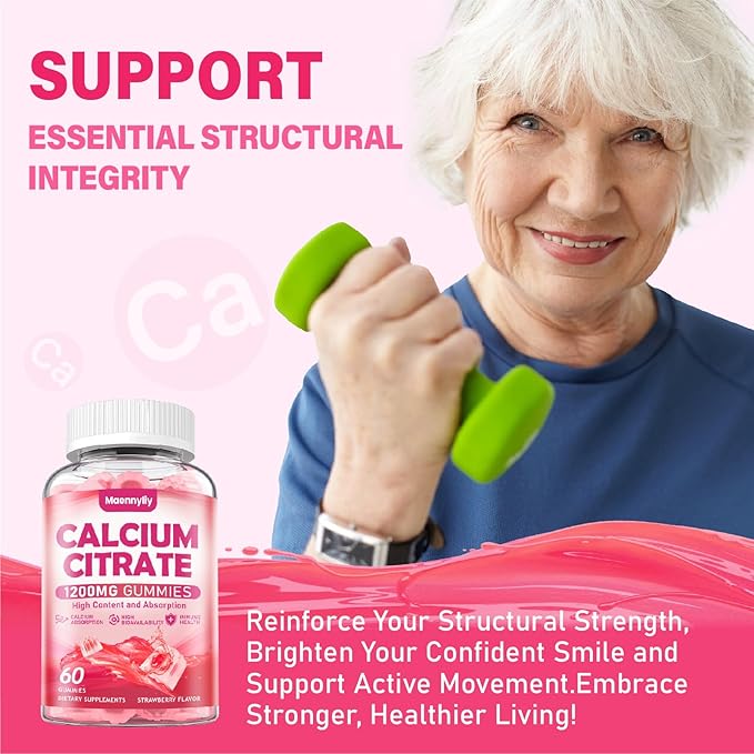 Calcium Citrate Gummies 1200 mg for Adults: Ultimate Absorption Calcium Supplement for Women &amp Men - Easy to Digest Vegan Non-GMO Gluten Free - Natural Strawberry Flavor