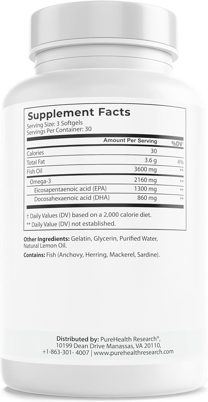 PUREHEALTH RESEARCH Complete Omega 3 Fish Oil Softgels - Omega-3 Fatty Acid Supplements for Women &amp Men - EPA DHA Supplement for Hearth Brain &amp Vision Support - Non-GMO- 90 Soft Gels