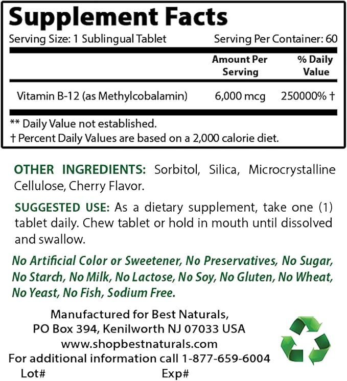 Best Naturals Acetyl L-Carnitine and Alpha Lipoic Acid 750 mg &amp Vitamin B-12 6000 mcg