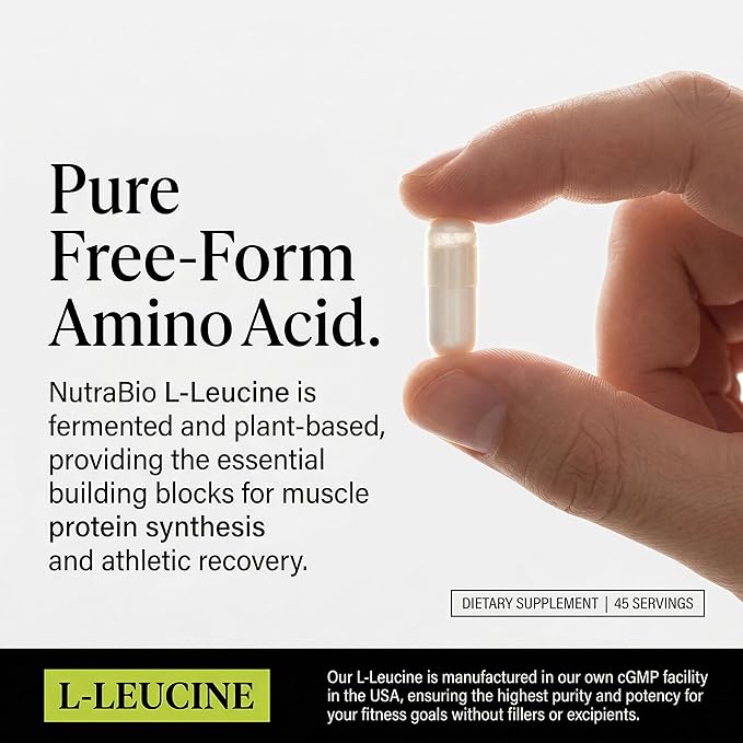 NutraBio L-Leucine Supplement - Optimal Amino Acid for Muscle Growth &amp Recovery - Naturally Fermented Free Form Leucine Amino Acids Supplement- Vegan Non-GMO Gluten Free - 400mg 180 Capsules