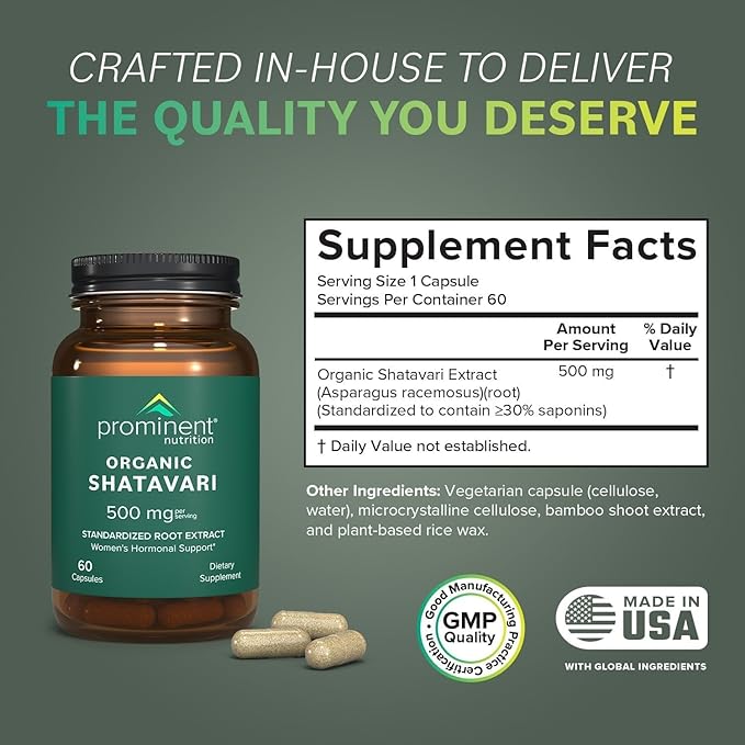 Prominent Nutrition Organic Shatavari Capsules Hormone Support for Women 500 mg 60 Count Standardized Root Extract Formulated for Women’s Health - 2 Pack