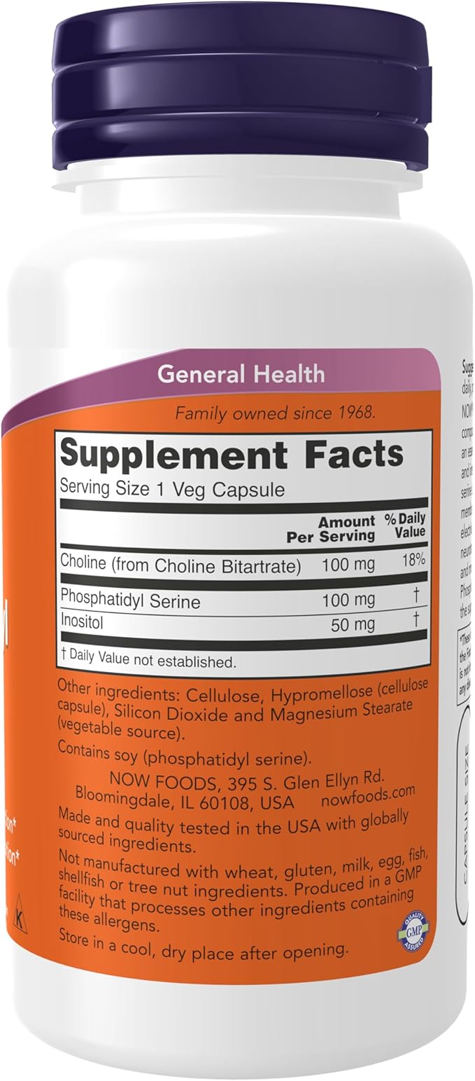 NOW Foods Supplements Phosphatidyl Serine 100 mg with Phospholipid compound derived from Soy Lecithin 60 Veg Capsules