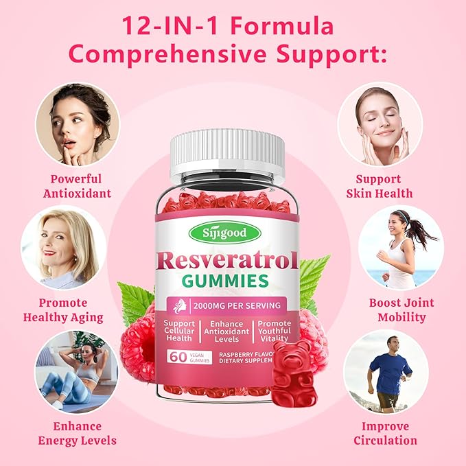 Organic Resveratrol Gummies for Women - Sugar Free Resveratrol-Nutritional-Supplements for Antioxidant Support Cellular Health Immunity Brain &amp Energy Raspberry Flavor 120 Count
