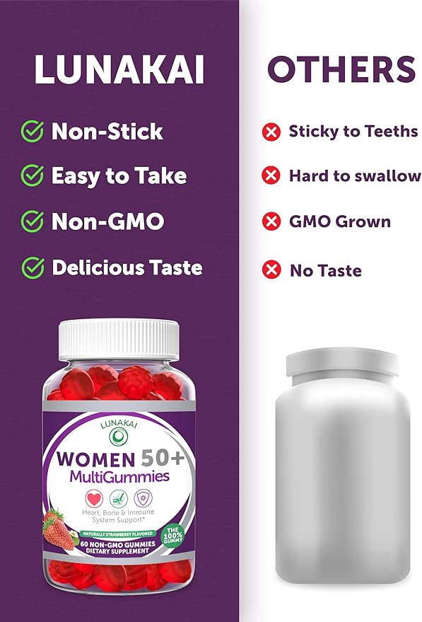 Lunakai USA Made 50 Plus Women's Multivitamin Gummies - Delicious Formula Enhanced with Essential Vitamins &amp Minerals for Health &amp Vitality - 3 Pack