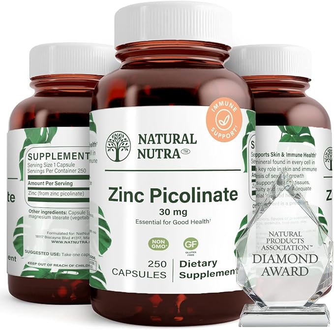 Natural Nutra Zinc Picolinate 30 mg Double Strength Raw and Pure Highly Bioavailable Supplement for Growth and Immune Support Helps Support Metabolic System Decrease Common Cold 250 Capsule