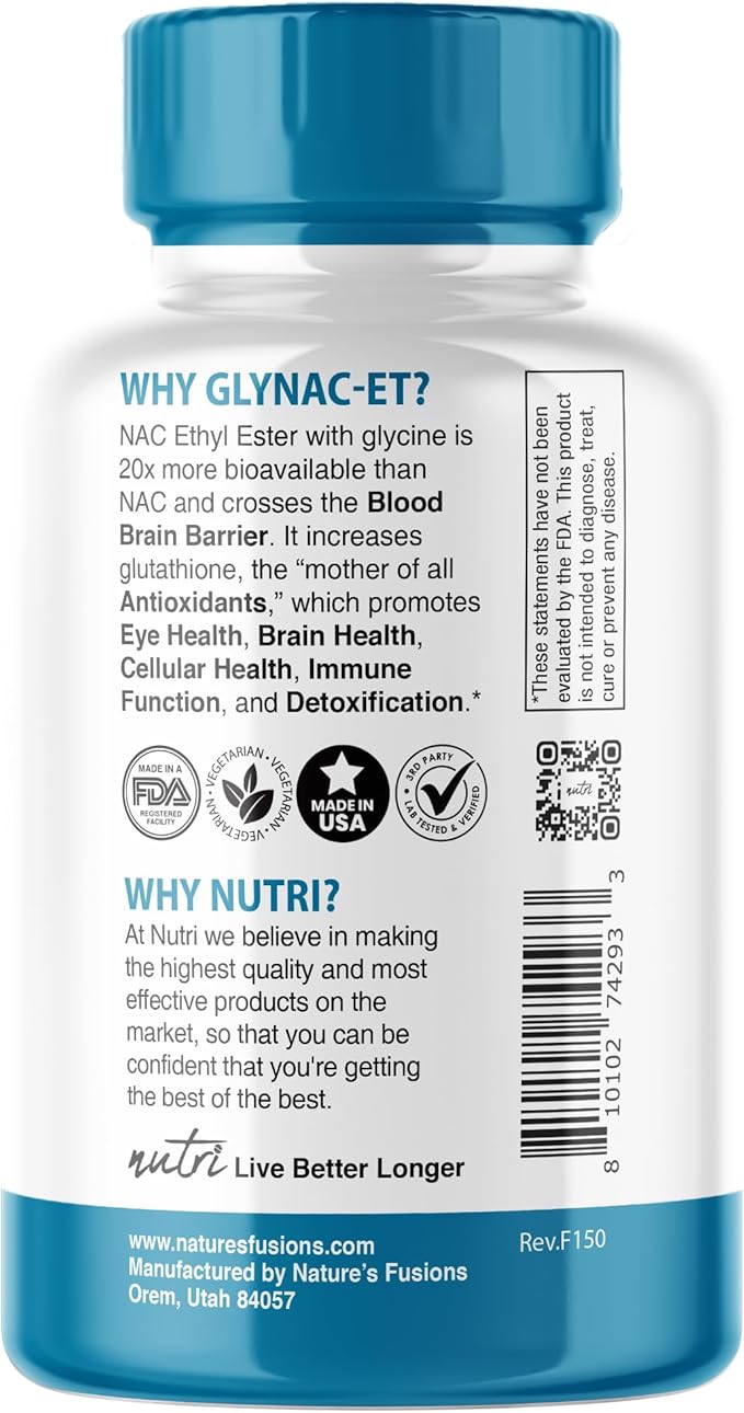 Nutri NAC Ethyl Ester + Glycine - Extra Strength 375mg - NACET withe Selenium - 80% Bioavailability - N-Acetylcysteine - Anti Aging Supplement Boost Glutathione - 60 Capsules - 3rd Party Tested