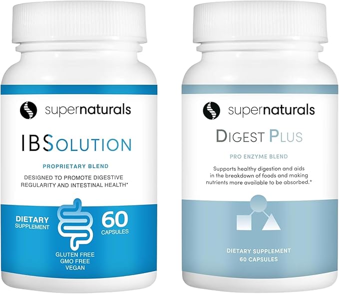 Super Naturals IBSolution &amp Digest Plus Bundle - Digestive Enzymes for Women &amp Men Digestive Health Supplements Probiotics for Digestion Gas and Bloating Relief - Variety 2 Pack 60 Capsule