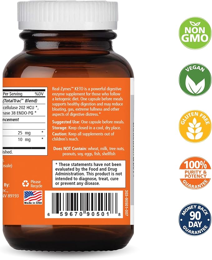 Real-Zymes™ KETO Digestive Enzymes Supplement with Probiotics for Better Digestion - Natural Support for Relief of Bloating Gas Belching Diarrhea Constipation IBS etc. - 30 Caps