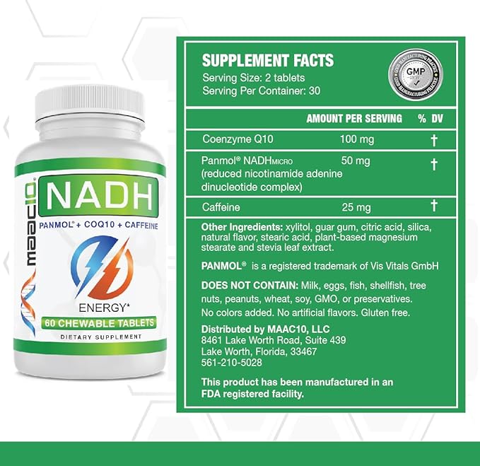 MAAC10 Energy Booster - with NADH Caffeine &amp Coq10 Fast Acting Chewable Tablets - Great for Fatigue Energy &amp Mental Focus.
