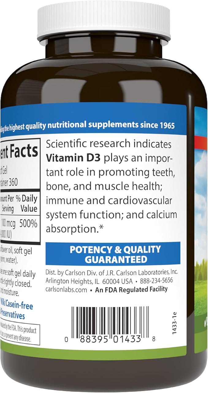 Carlson - Vitamin D3 4000 IU (100 mcg) Bone &amp Immune Health Cholecalciferol Supplement Gluten Free Vitamin D Capsules 360 Softgels