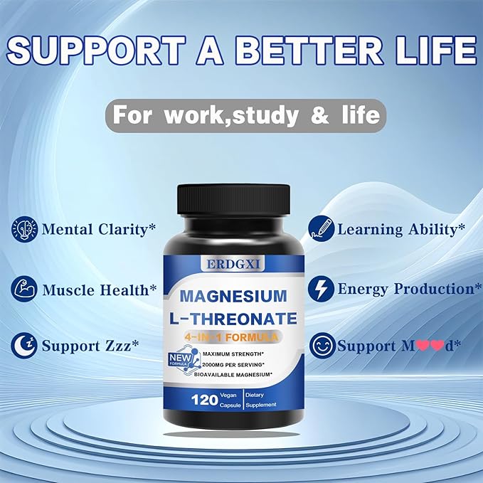Magnesium L-threonate Supplement 2000mgMagnesium Threonate with Vitamin C &amp Vitamin D3High-AbsorptionMax PotencySupport ClarityZzz &ampImmuneNon-GMO &amp Gluten Free120 Capsules (Pack of