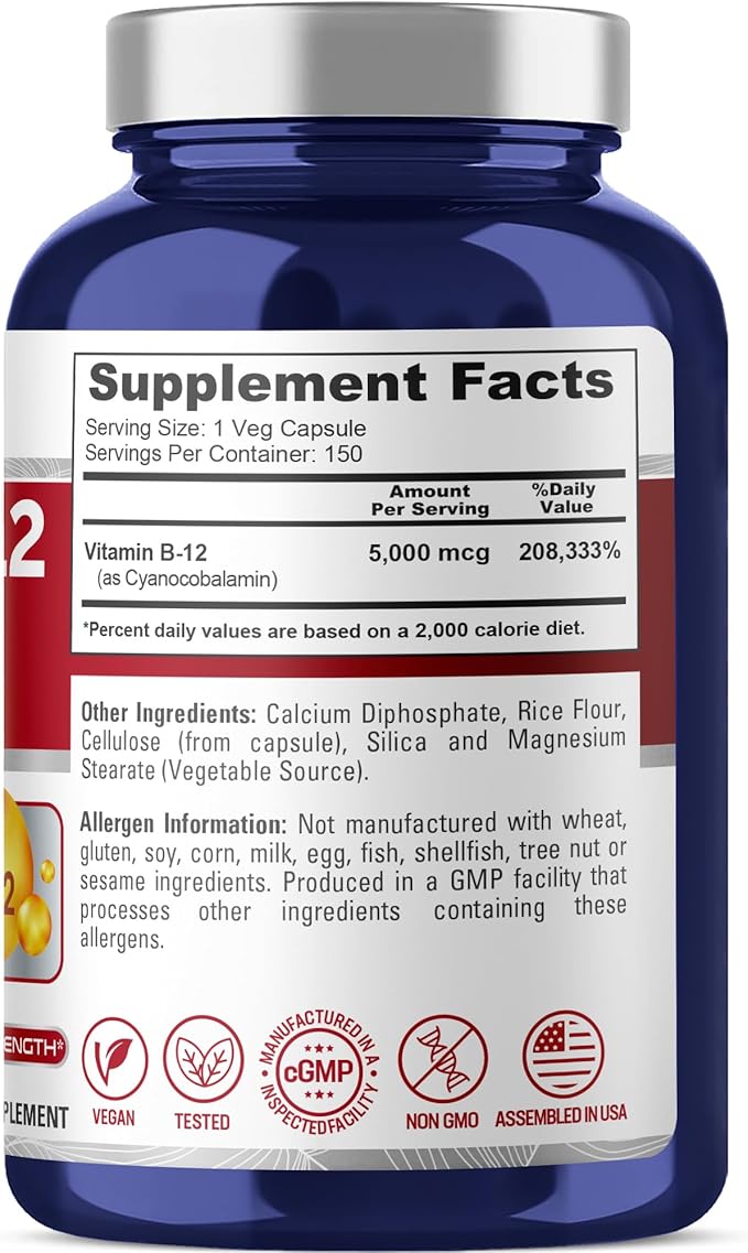 NusaPure Vitamin B12-5000 MCG 150 Veggie Capsules (Non-GMO Vegan) - Max Strength Vitamin B12