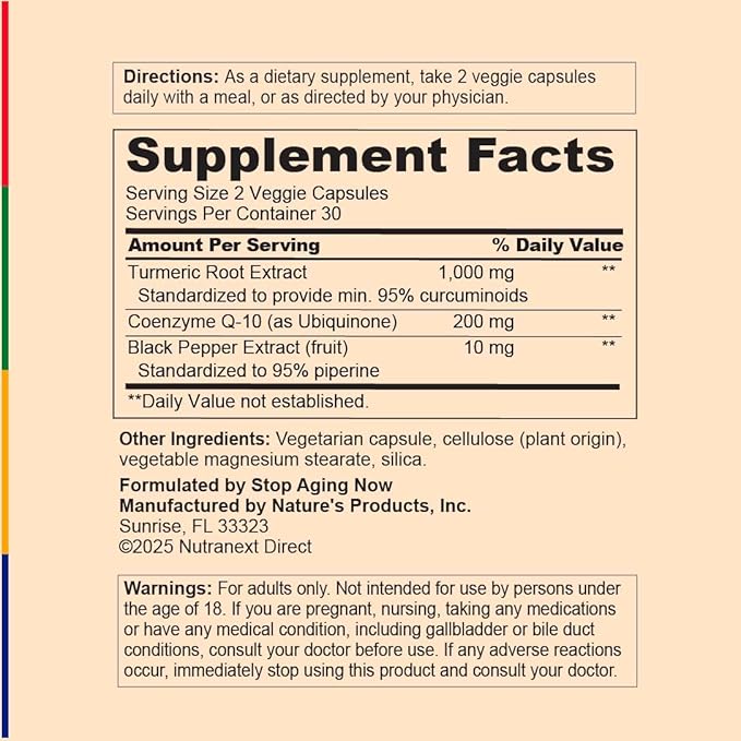 Stop Aging Now - CoQ10 200mg - 60 Capsules - Antioxidant Curcumin Complex Supplement