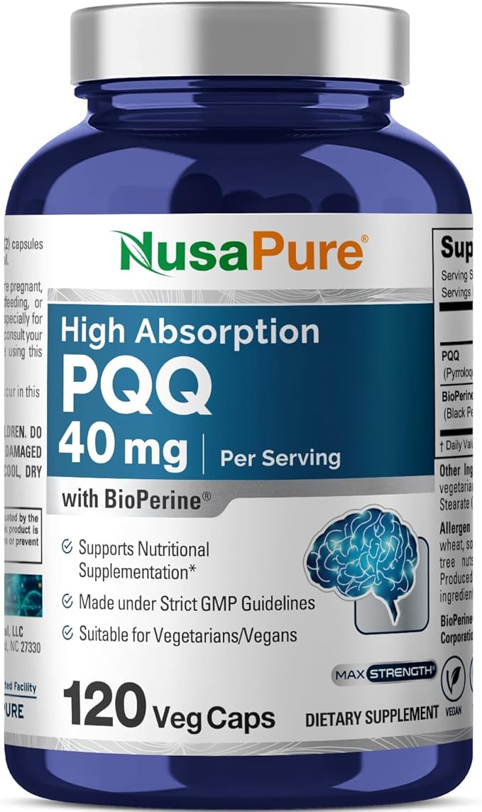 NusaPure PQQ Supplement 40 mg 120 Veggie Capsules Non-GMO Pyrroloquinoline Quinone Disodium Salt Bioperine &amp Vegan