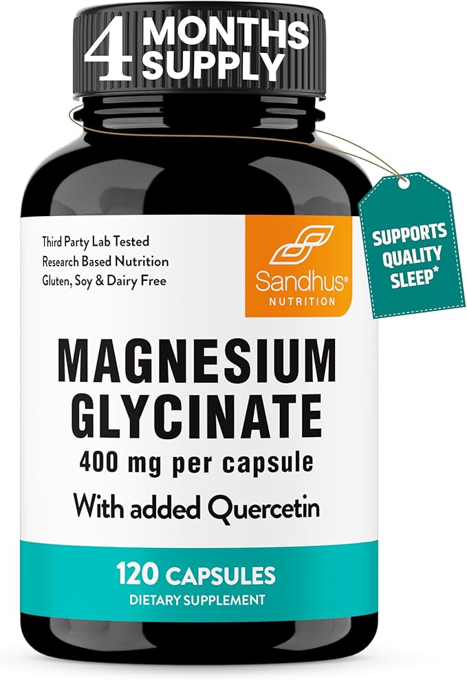 Sandhu's Magnesium Glycinate &amp Vitamin D3 K2 with Quercetin Capsules (120 Count Each) | Supports Quality Sleep Relaxation Immune Muscle Teeth Health &amp Energy