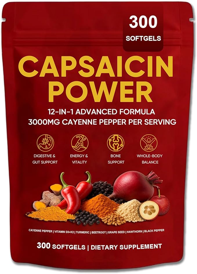 Capsaicin Power - Cayenne Pepper Softgels Supplement Supports Leg Vein Digestive &amp Gut Health with Vitamin D3+K2 Beetroot Grape Seed and Other Extracts 300 Capsules (1)