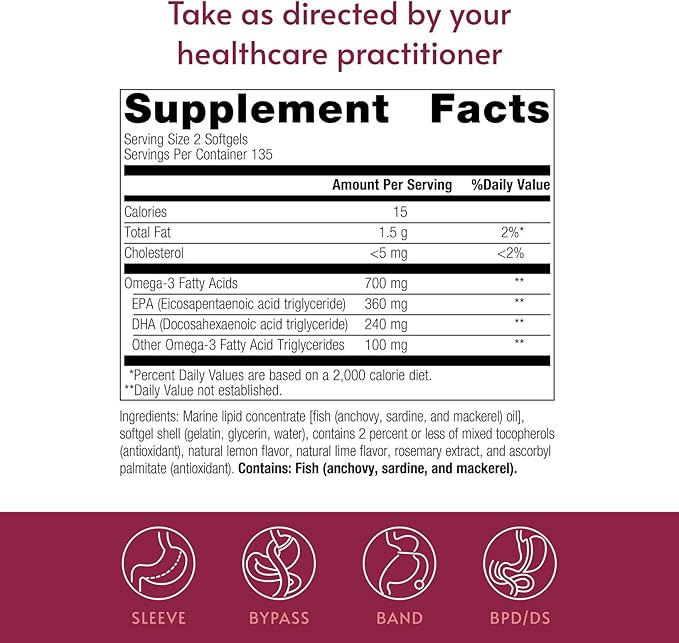 Bariatric Advantage Omega-3 300 EPA DHA Fish Oil Capsules Concentrated Source of Fatty Acids from Sustainably Sourced Cold Water Fish - Lemon Lime 270 Softgels
