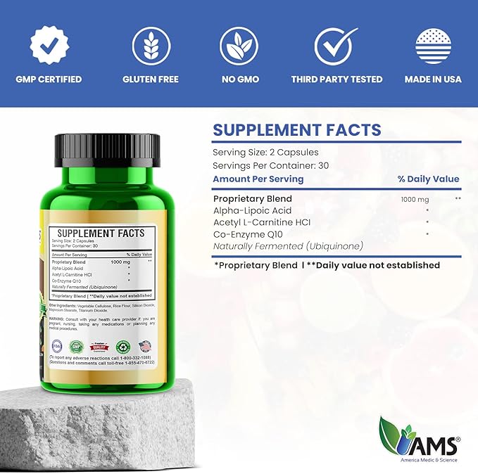 America Medic &amp Science Neuro Booster (60 Capsules) | Nutritional Supplement for Brain Health | Vitamin Pills for Better Memory and Cognitive Function | with Coenzyme Q10 ALA and Acetyl L-Carnit
