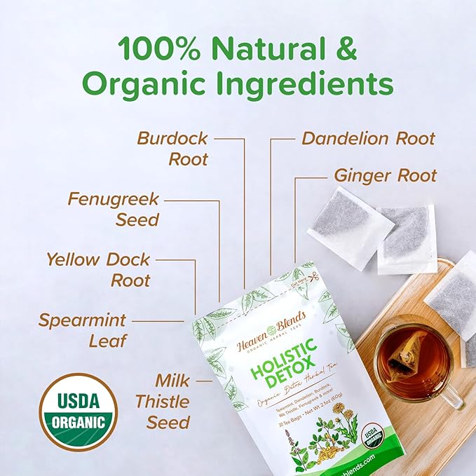 Heaven Blends Organic Holistic Detox Tea – Spearmint Dandelion Burdock Milk Thistle Seed Fenugreek &amp Yellowdock Root – sugar free caffeine free and gluten free. 30 Sachet
