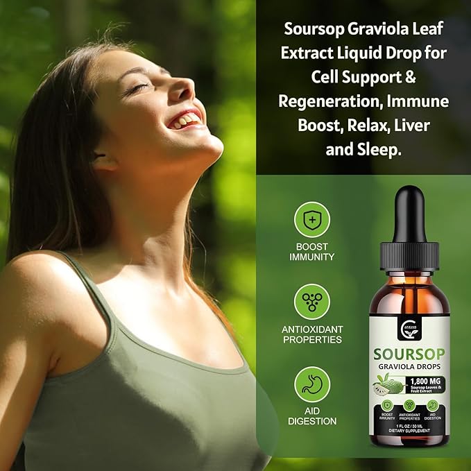 (2 Pack) Soursop Graviola Liquid Drops 1800mg 98% Absorption Soursop Bitters Liquid for Cell Support &amp Regeneration Immune Boost Relax Liver and Sleep Herbal Goodness Gluten Free 1 Fl Oz