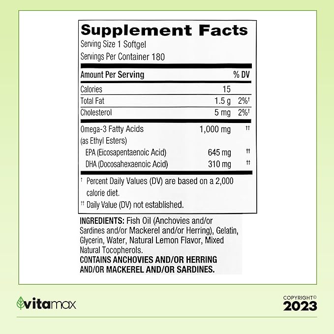 Spring Valley Omega-3 from Fish Oil 1000 mg Maximum Care 180 Count + Exclusive VitaMax Vitamin Guide (2 Items)