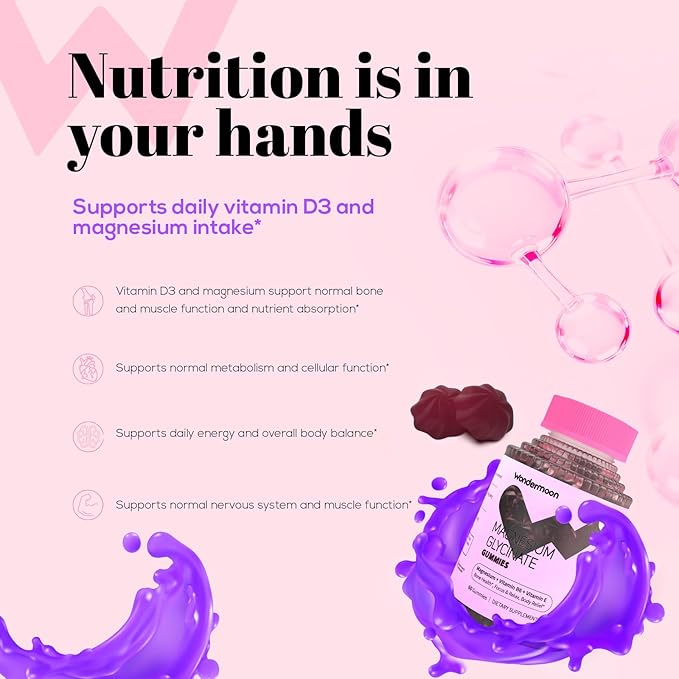 Wondermoon Magnesium Glycinate Gummies for Women with Vitamin D3 B6 Vitamin E Zinc &amp Potassium Blueberry Flavor 60 Gummies