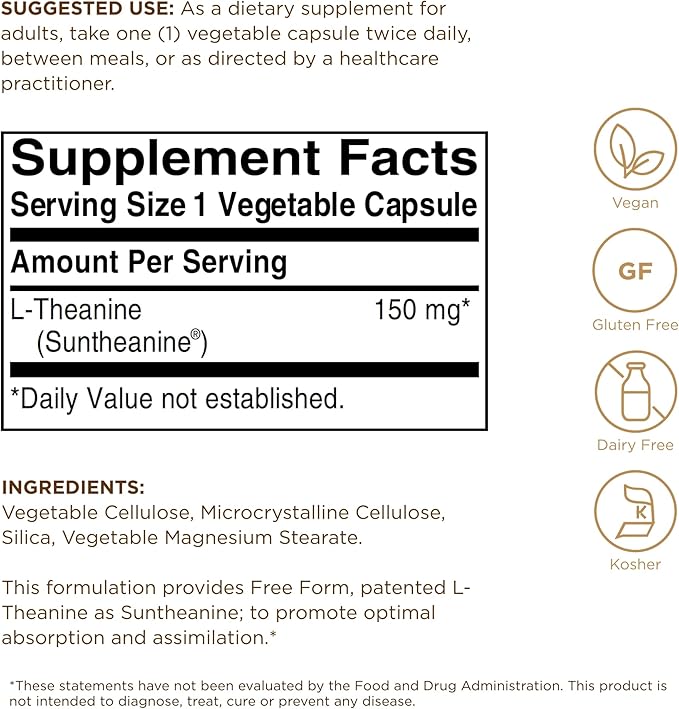 Solgar L-Theanine 150 mg - 60 Vegetable Capsules - Promotes Relaxation - Non-GMO Vegan Kosher &amp Gluten Free - 60 Servings