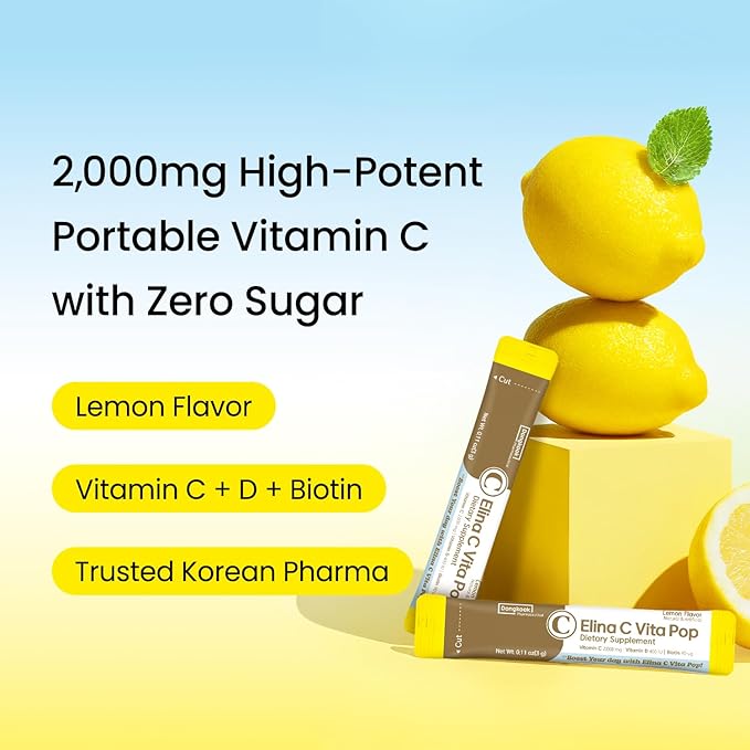DONGKOOK Vita Pop Korean 2000mg Vitamin C Powder Vitamin D &amp Biotin Stick Zero Sugar Lemonade Drink Mix Vitamin C for Advanced Immune Support &amp Antioxidants Supplements Non-GMO 100 Packet