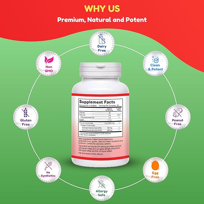 SHIFAA NUTRITION Halal Fish Oil Softgels 60 Ct Double Strength - Halal Omega 3 Fish Oil Supplements. Wild Caught Non-GMO &amp Purified