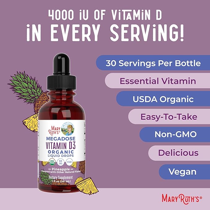 MARYRUTH'S Vitamin D3 Liquid Drops | Megadose 4000 IU | USDA Organic Liquid Vitamin D Spray for Adults &amp Kids | Immune Support &amp Bone Health | Vegan | Gluten Free | Non-GMO | 30 Servings