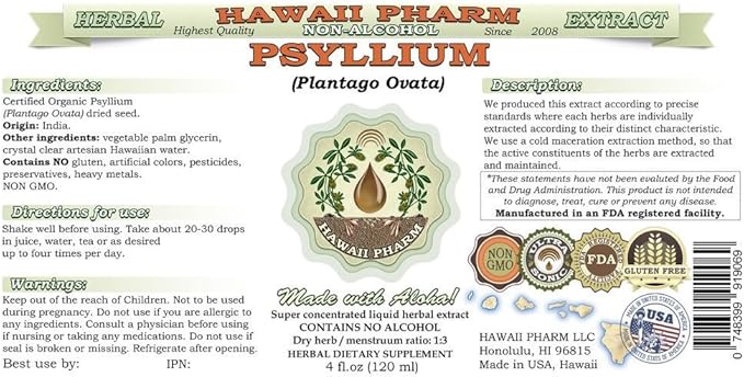Psyllium Alcohol-Free Liquid Extract Psyllium (Plantago Ovata) Seed Glycerite Natural Herbal Supplement Hawaii Pharm 32 fl.oz