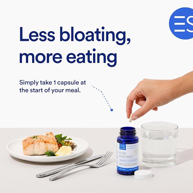 Essential Stacks Pure Digestive Enzymes (Gluten Dairy &amp Soy Free) - 18 Enzymes for Digestion incl. Amylase Lipase &amp Lactase - Vegetarian &amp Non-GMO (60 Capsules)