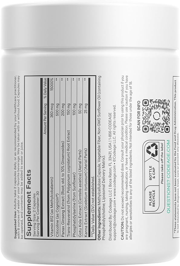 Codeage Brain Focus Vitamins+ Nootropic Supplement with Citicoline as Cognizin Panax Ginseng Resveratrol Gotu Kola Vitamin B12 Methylcobalamin - Liposomal Delivery - Non-GMO - 60 Capsules