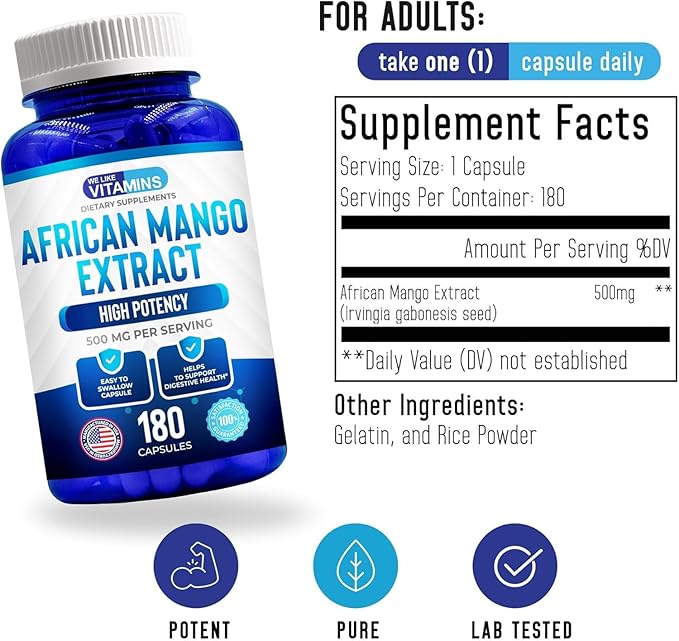 We Like Vitamins African Mango Extract 500mg -180 Capsules - 6 Month Supply of African Mango Capsules – Supports Metabolism of Fat and Digestive Health