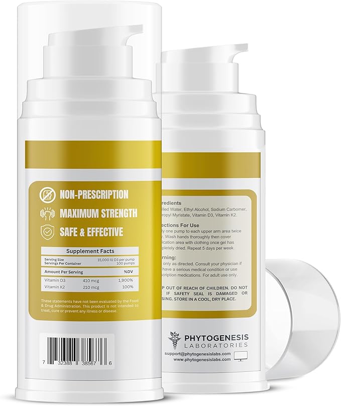 Vitamin D3 K2 Maximum Strength Topical Gel - 15000+ IU Per Pump - The Sunshine Vitamin - Supports Bone &amp Joint Health Immune Support - One Month Supply