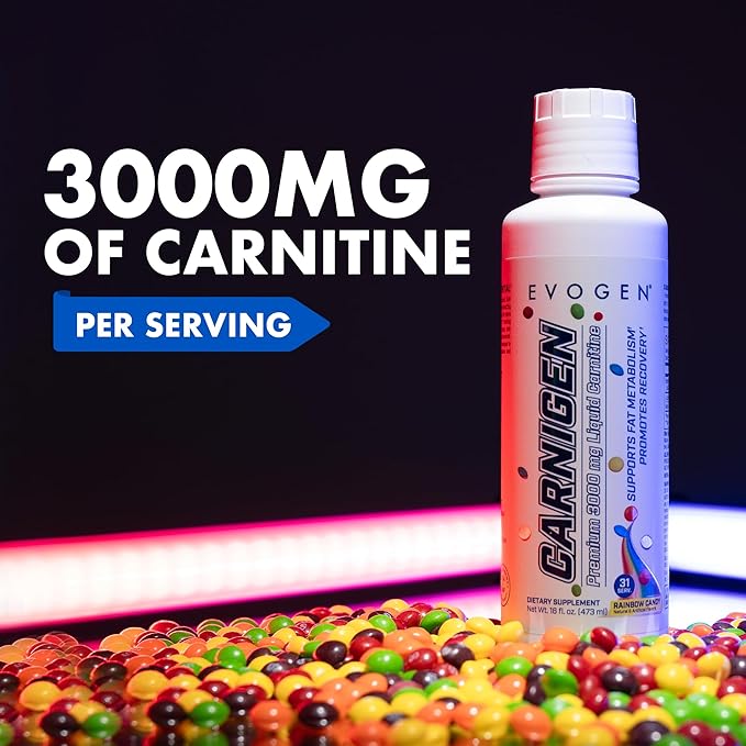 Evogen Carnigen Premium L Carnitine Liquid – L Carnitine 3000 Supplement | L Carnitine Supplement for Fat Metabolism &amp Recovery | Acetyl L-Carnitine | Caffeine Free | Rainbow Candy | 31 Servings