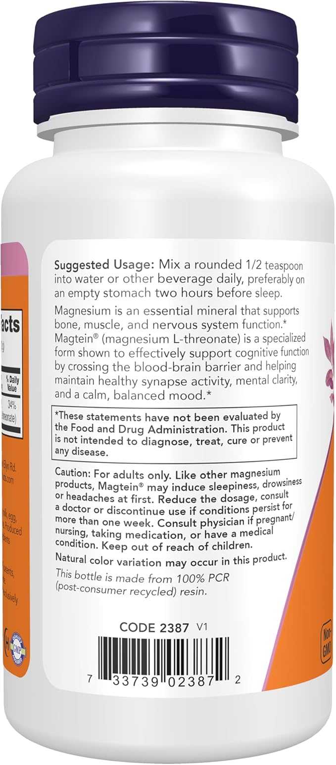 Now Supplements Magtein® with Patented Form of Magnesium (Mg) Cognitive Support* Powder 3.2 oz