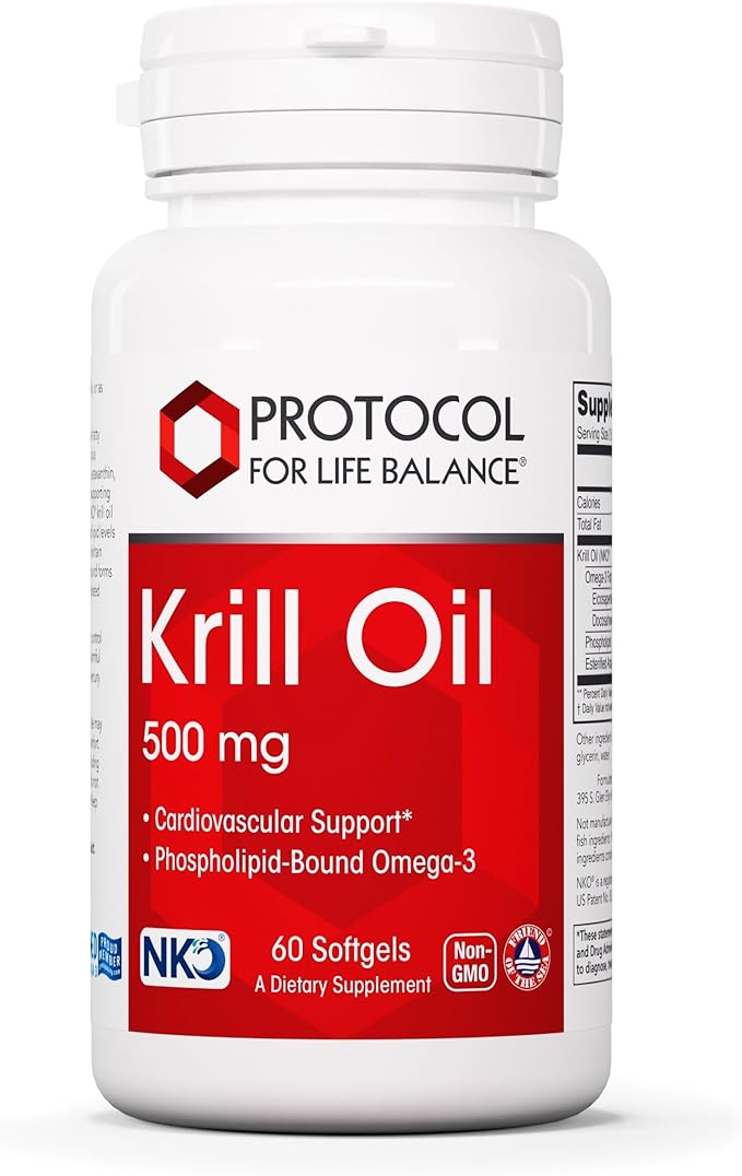 PROTOCOL FOR LIFE BALANCE Krill Oil 500mg - Krill Oil Supplement - DHA &amp EPA - with Astaxanthin - Supports Heart Brain Joints* - Non-GMO &amp Halal - 60 Softgels