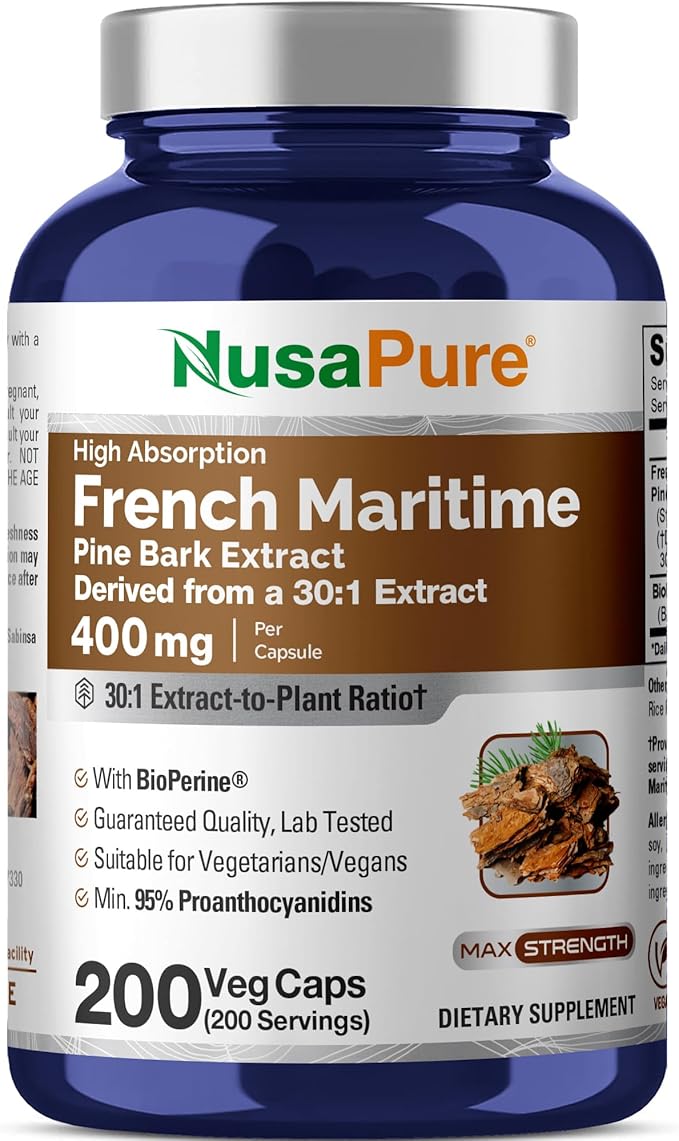 NusaPure French Maritime Pine Bark Capsules 400 mg 200 Veg Capsules (Non-GMO Vegan)