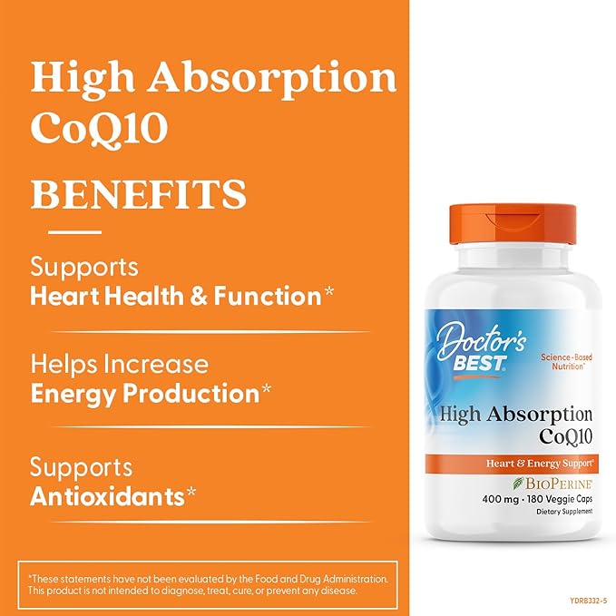 Doctor's Best High Absorption CoQ10 400mg with BioPerine Supplement - Coenzyme Q10 Caps for Heart Health &amp Antioxidant Support CoQ10 400 mg for Women &amp Men Non GMO - 180 Veg Capsules