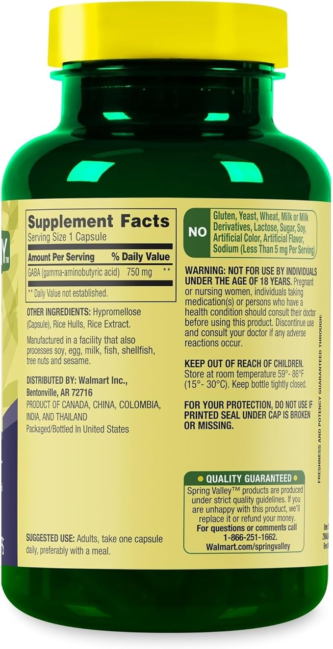Spring Valley GABA Amino Acid Supplement 750 mg Unflavored 100 Count for Calm Mind Sleep Set by Basket Goods