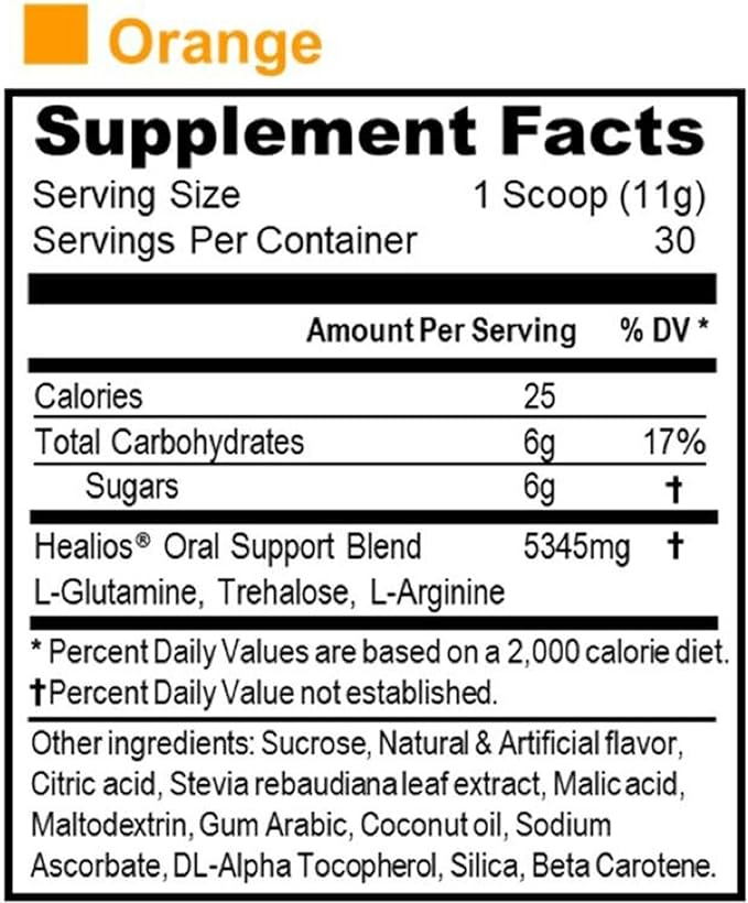Healios Orange Flavor Oral Health and Dietary Supplement Powder Form Naturally Sourced L-Glutamine Trehalose L-Arginine 11.64 Ounces