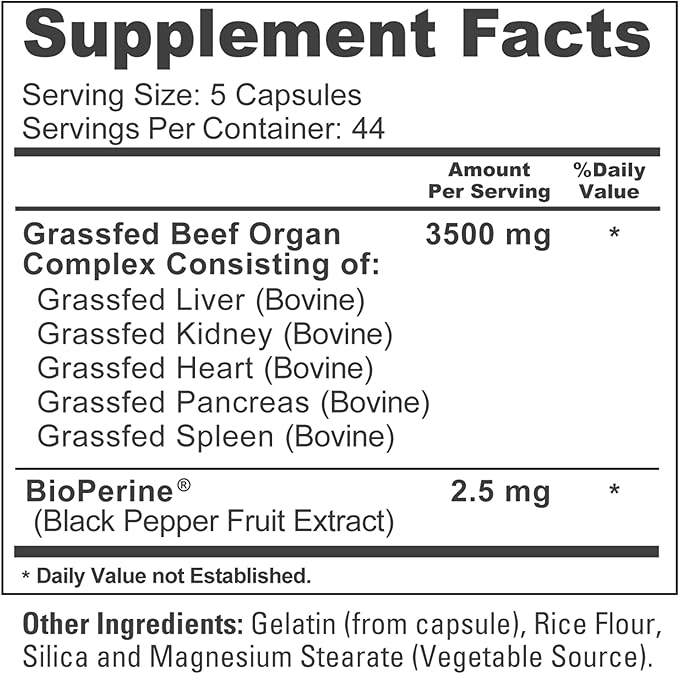 NusaPure Grass Fed Beef Organ Complex | 220 Capsules | Pasture Raised | with Desiccated Liver Kidney Pancreas Heart Spleen | Soyfree Non-GMO Bioperine
